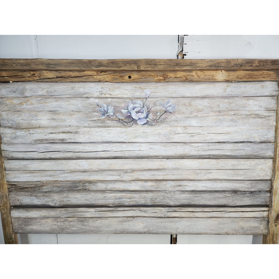 90"L Reclaimed Headboard, Grey with Blue Rose