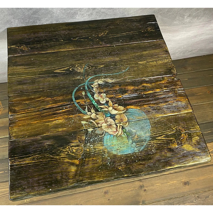 31"L Teal Flower, Reclaimed Wood Coffee/Side table