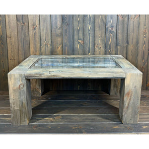 SOLD 43"L Glass top, reclaimed wood side table