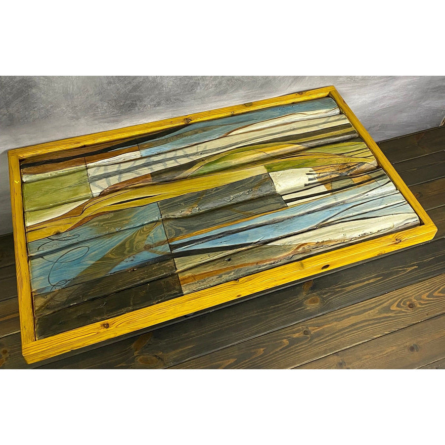 46.5"L Yellow lined, multicolor, reclaimed wood coffee table