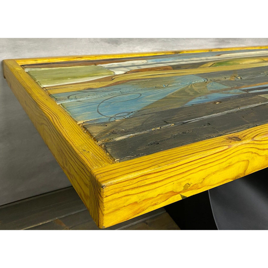 46.5"L Yellow lined, multicolor, reclaimed wood coffee table