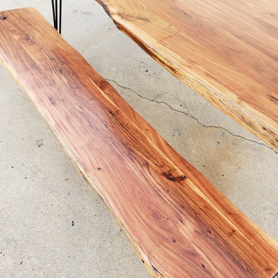 Live Edge Acacia wood table and bench set - Specialty legs