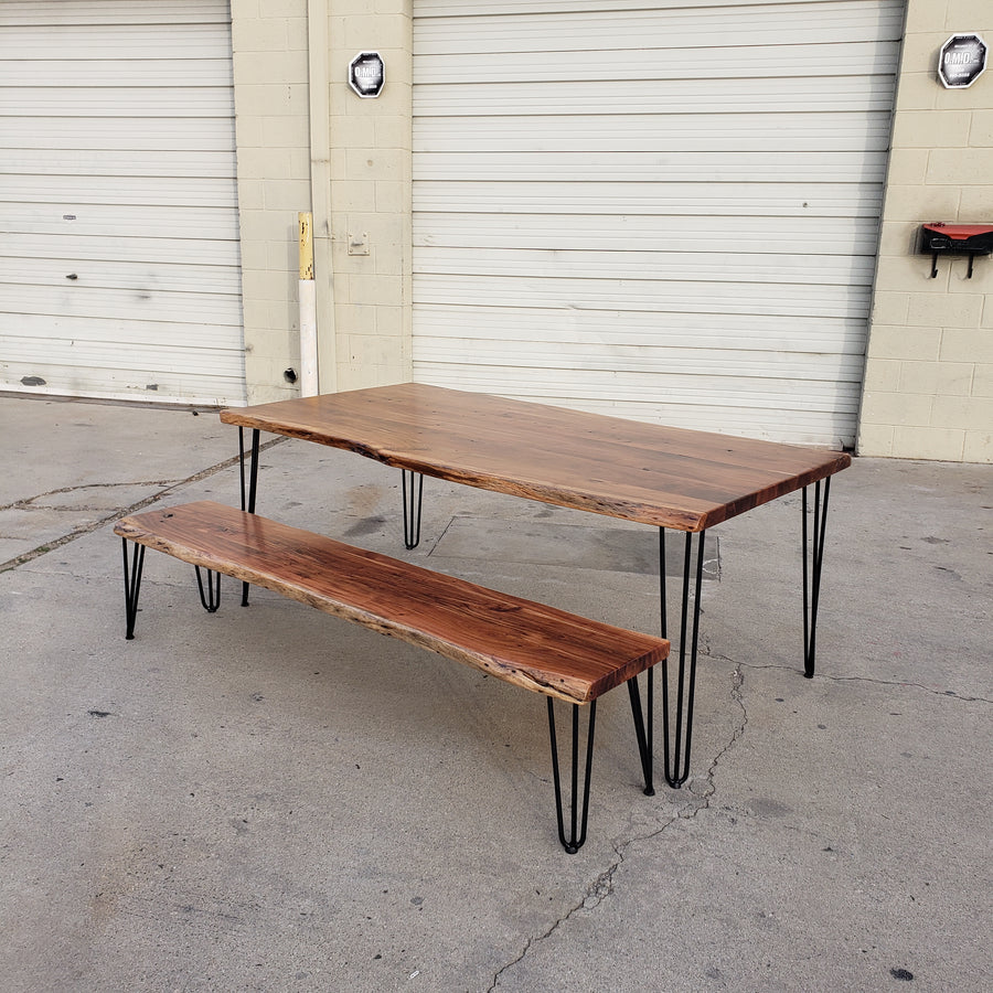 Live Edge Acacia wood table and bench set - Specialty legs